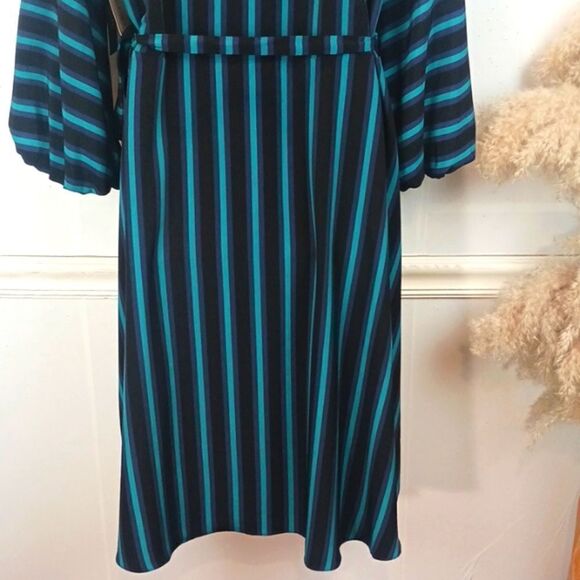 ISAAC MIZRANI Teal / black stripped long-sleeve V-neck Boho wrap midi dress L - Picture 12 of 14